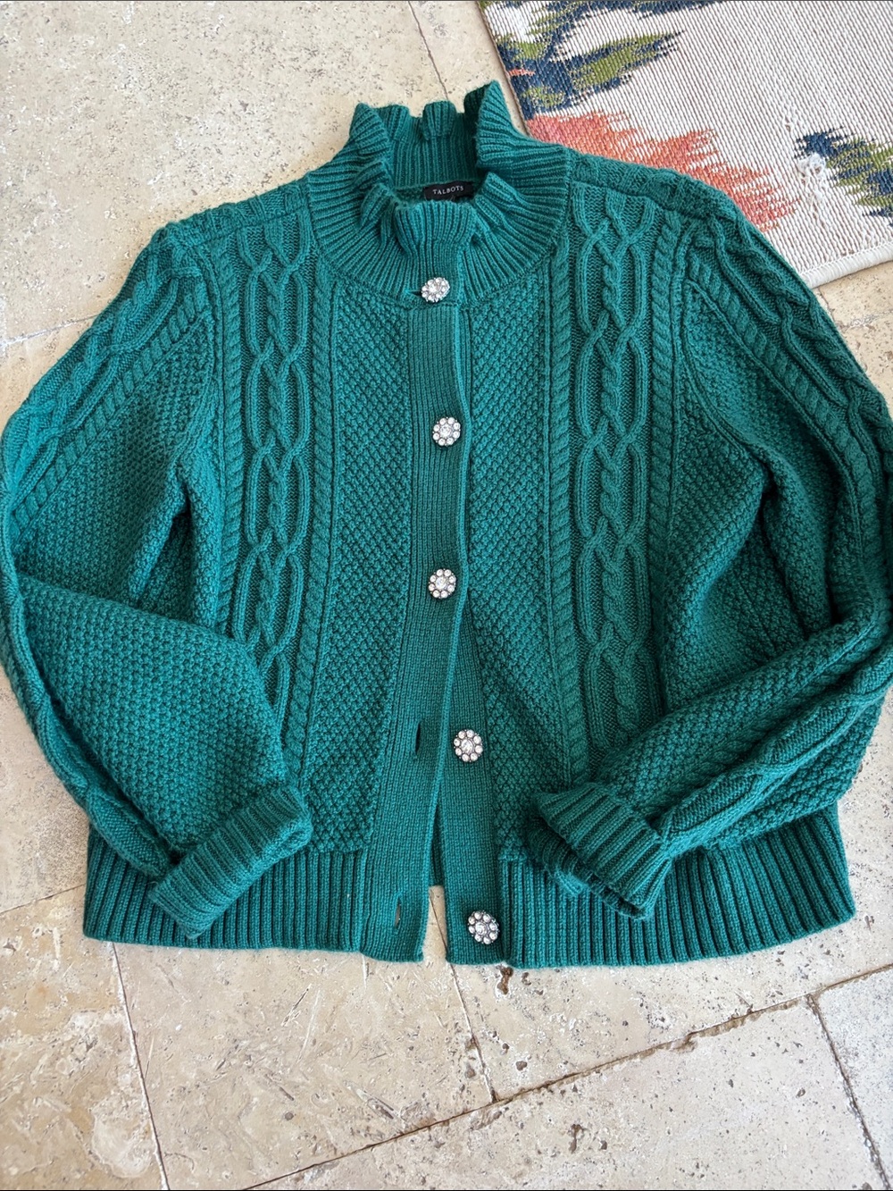Talbots Forest Green Cable-Knit Cardigan with Jewel Buttons